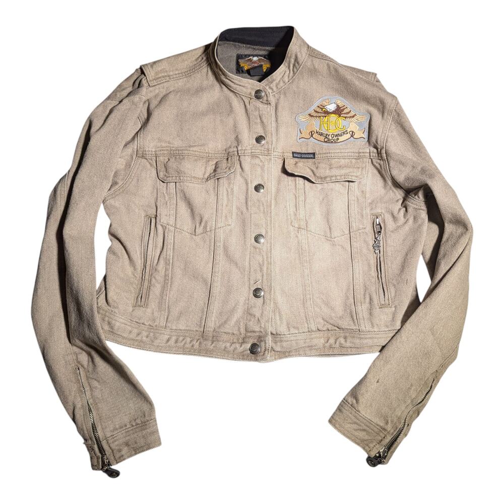 Vtg 1990s Harley Davidson Beige Denim Owners Group Flames Patch Biker Jacket L
